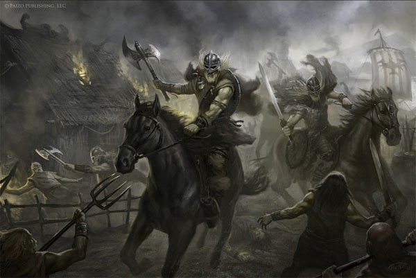 barbar vikingler köy yakıyor ve atlı kılıçlı baltalı viking askerleri.jpg