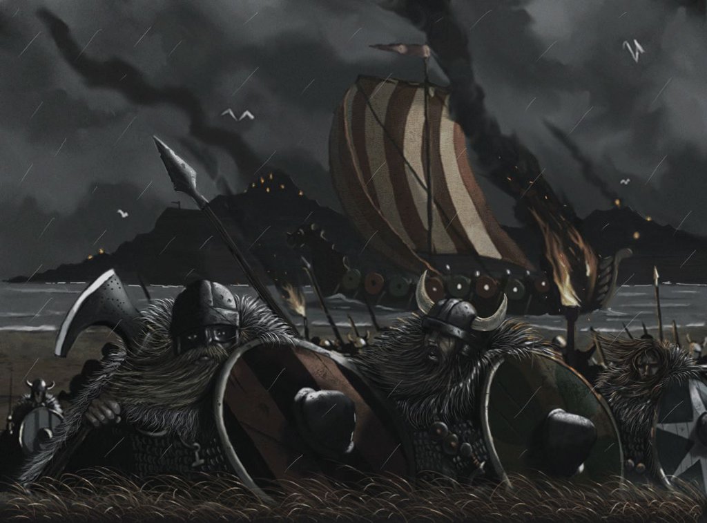 viking_raid_by_robpage sahile çıkmış vikingler ve arkada gemileri.jpg